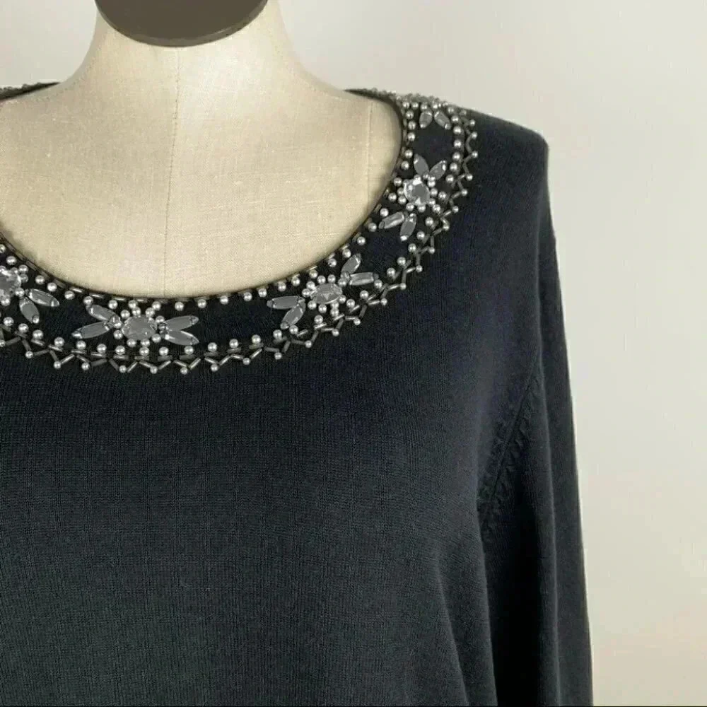 New Bob Mackie womens wearable art knit sweater size XL black beaded